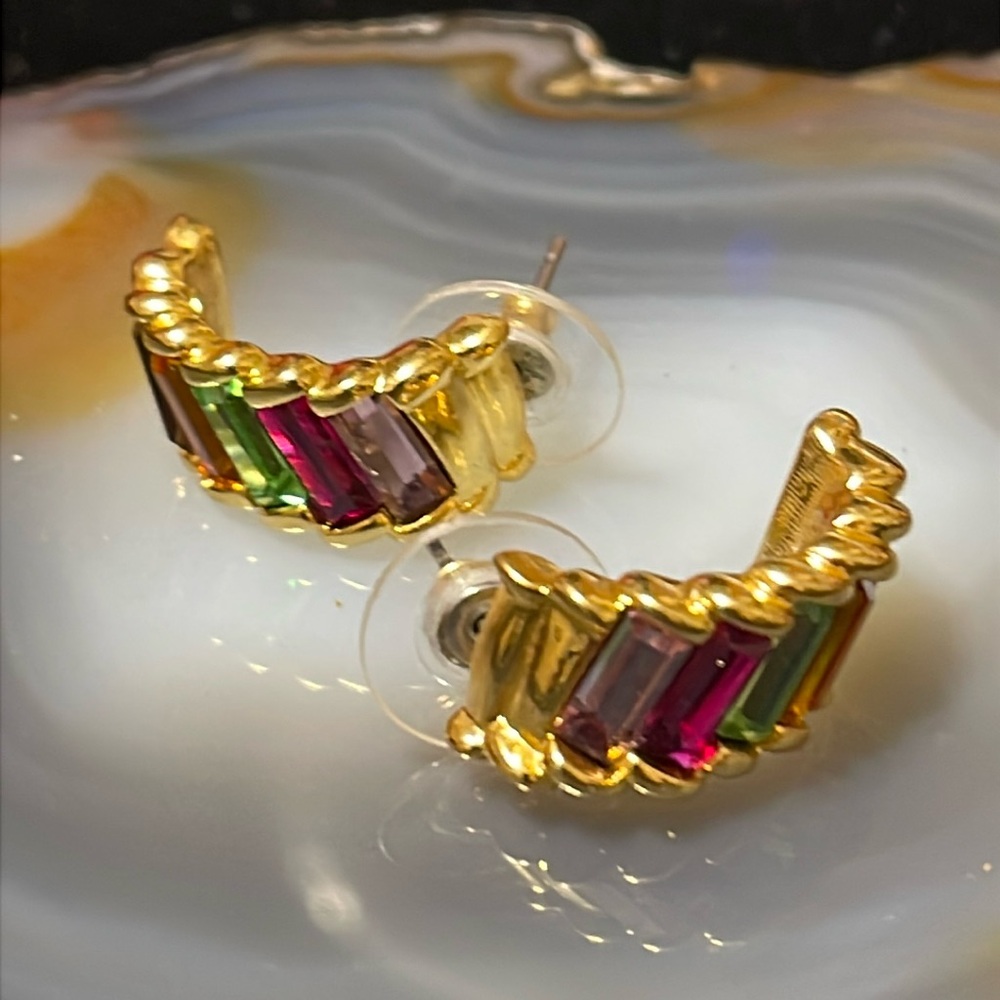 Vtg 925 KJL Rainbow Baguette 1/2 Circle Earrings